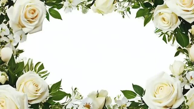 White roses and flowers frame border on white background. (1)