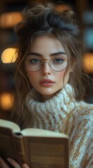 Stylish librarian reading a vintage AI generated illustration