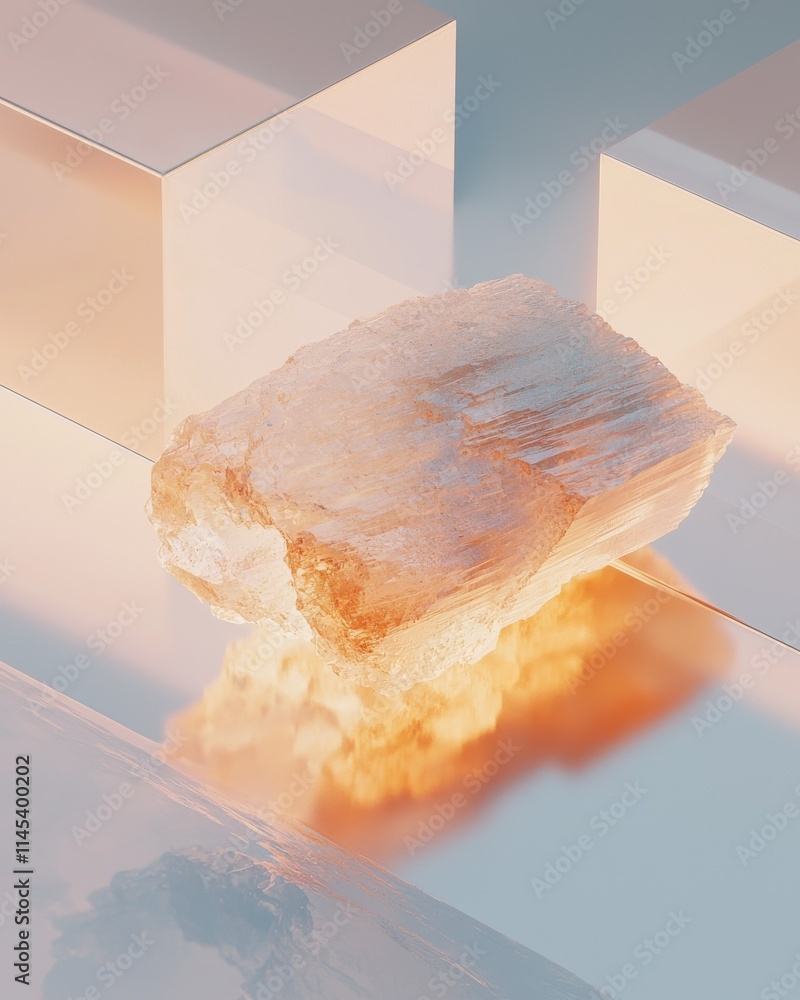 Poster glowing raw selenite crystal display abstract setting digital art minimalist environment close-up vi