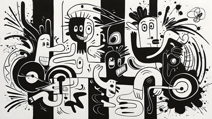 Black and white artwork featuring graphic elements and abstract characters. All artwork is drawn in black ink on a white background, which emphasizes the nature of the artwork and its raw emotion.