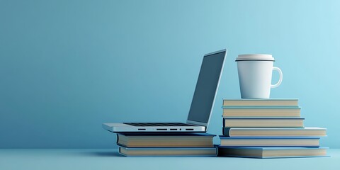 Laptop and Coffee Resting on a Stack of Books