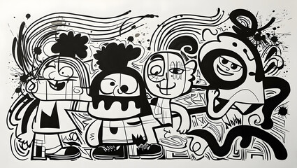 Black and white artwork featuring graphic elements and abstract characters. All artwork is drawn in black ink on a white background, which emphasizes the nature of the artwork and its raw emotion.