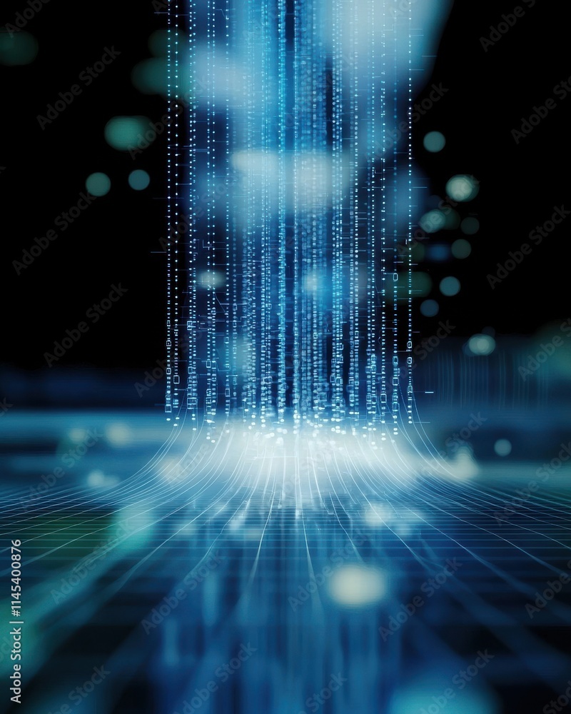 Poster dynamic blue digital particles rising vertically in abstract environment technology visualization fu