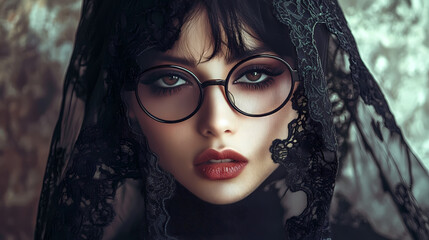 Sophisticated gothic woman wearing round glasses and a black lace veil in a soft-lit ambiance. Veil. Illustration