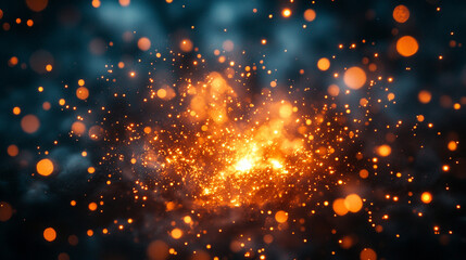 Fototapeta premium Sparks and embers soar against a black sky, illuminating the darkness with dynamic energy. The dazzling light evokes themes of chaos, transformation, and fleeting beauty in the night