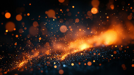 Fototapeta premium Sparks and embers soar against a black sky, illuminating the darkness with dynamic energy. The dazzling light evokes themes of chaos, transformation, and fleeting beauty in the night