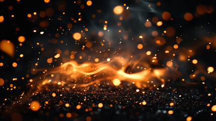 Fototapeta premium Sparks and embers soar against a black sky, illuminating the darkness with dynamic energy. The dazzling light evokes themes of chaos, transformation, and fleeting beauty in the night