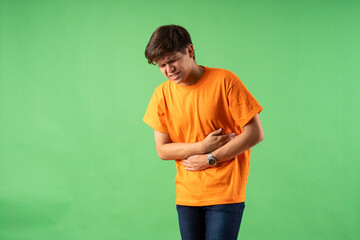Young person expressing various emotions and body pains, pointing, using a cellphone, with colored...