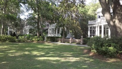 Approaching shot of beautiful southern homes in the American South of South Carolina.