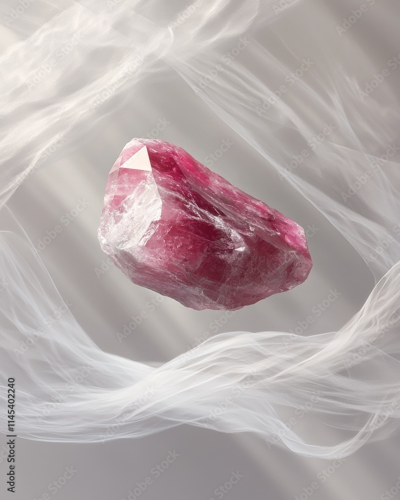Poster levitating raw ruby crystal surrounded by swirls studio environment abstract art close-up view visua