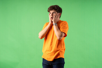 Young person expressing various emotions and body pains, pointing, using a cellphone, with colored...