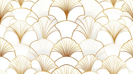 12.Minimalistic white and gold art deco pattern with repeating scalloped shapes, creating a seamless background; the gold lines outline delicate scales or shells, offering a refined, vintage-inspired