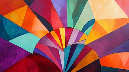 23.Vibrant abstract artwork with four fan-shaped sections in bold colors, overlapping in layers; each section has a unique color palette, creating a sense of movement and depth within the geometric