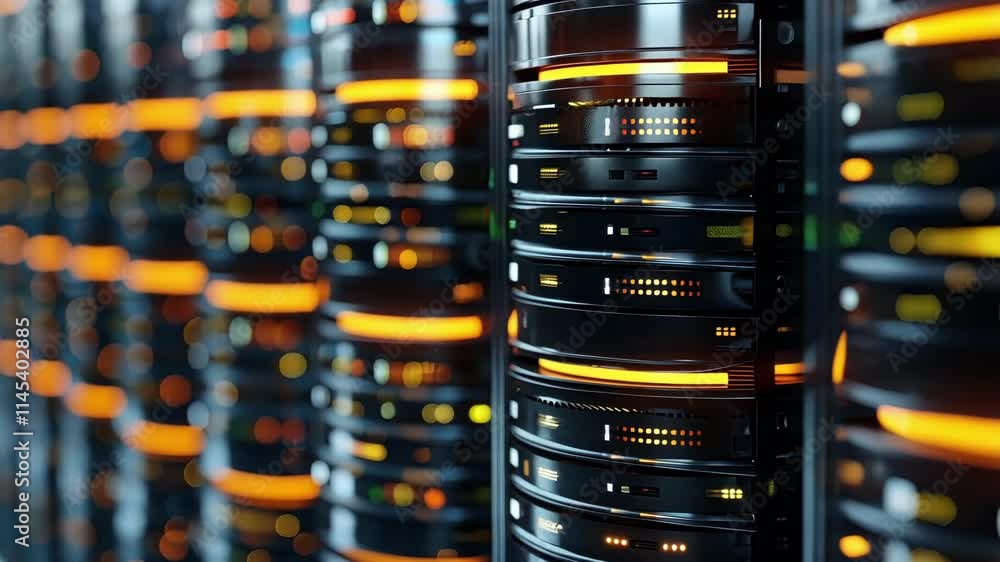 Poster server racks with flashing orange lights process big data in a modern data center, highlighting the 
