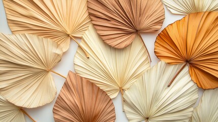 75.Elegant arrangement of dried palm leaves fanned out to show off their varied shades, from warm beige to deep brown. The natural textures and patterns of the leaves are visible, with each leafâ€™s