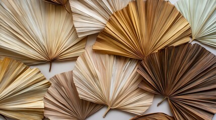 69.Artistic arrangement of dried palm leaves fanned out in various shades of brown and beige; the leavesâ€™ textures are prominent, with natural lines and a soft, warm color palette that stands out