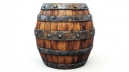 Fototapeta premium A wooden barrel with metal bands, typically used for storing liquids like wine or beer.