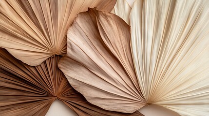 69.Artistic arrangement of dried palm leaves fanned out in various shades of brown and beige; the leavesâ€™ textures are prominent, with natural lines and a soft, warm color palette that stands out