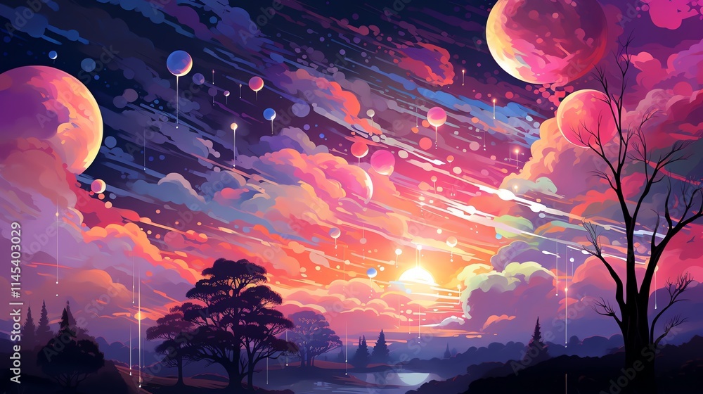 Wall mural surreal sunset landscape with floating balloons and planets.