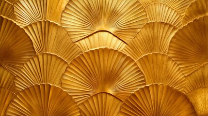 18.Luxurious art deco pattern with golden fan shapes arranged in a seamless design; the fine, metallic lines add depth and intricacy to the fan motifs, creating a classic, repeatable background with