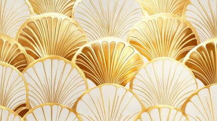 11.Seamless art deco pattern with a luxurious gold and white color scheme, featuring shell-shaped motifs; the delicate gold lines form repeating geometric scales, reminiscent of the classic designs