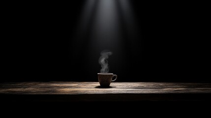 A steaming cup of coffee on a rustic wooden table in low light.