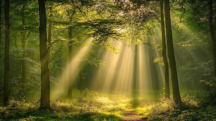 The early morning sun shines through a forest canopy, casting golden light on the vibrant green leaves and creating a peaceful atmosphere amidst the trees 