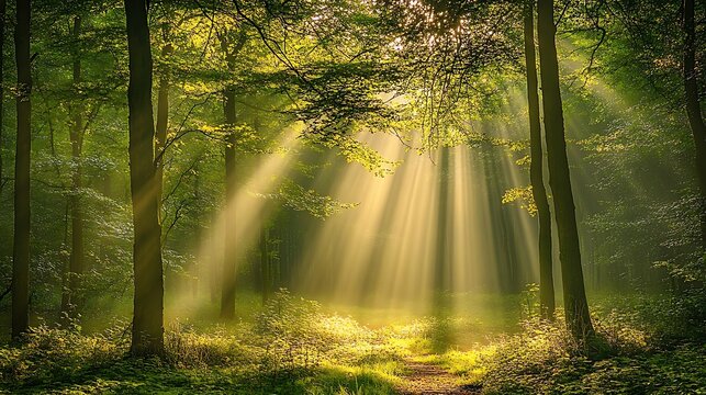 The early morning sun shines through a forest canopy, casting golden light on the vibrant green leaves and creating a peaceful atmosphere amidst the trees  - Powered by Adobe