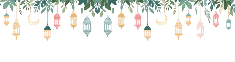 a festive and serene Ramadan decoration. It showcases beautifully lit lanterns and ornaments against with a beutiful background. The decorations hang from the top