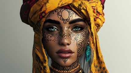 Generative ai illustration of beautiful young berber woman with turban dressed in costume, jewelry and tribal tattoos. Veil. Illustration
