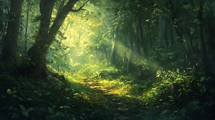 Fototapeta premium Warm sunlight pierces through the forest canopy, casting light across the green leaves, filling the scene with tranquility and a sense of natural wonder 