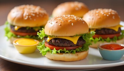 Mini Cheeseburgers on a White Plate with Colorful Vegetables and Sauces