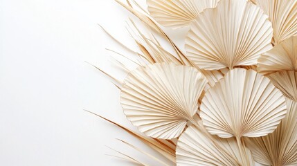 96.Close-up of dried palm leaves arranged against a white background, showcasing the fan-shaped leaves with intricate natural textures. The pale, earthy hues of the leaves create a rustic aesthetic,