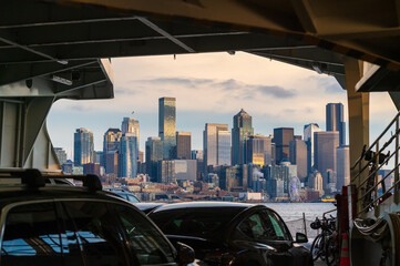 Aboard the Washington State Ferry with views of the Seattle Skyline. Traveling from Bainbridge...