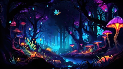 Enchanted Forest Night Scene With Glowing Mushrooms And Dragonfly
