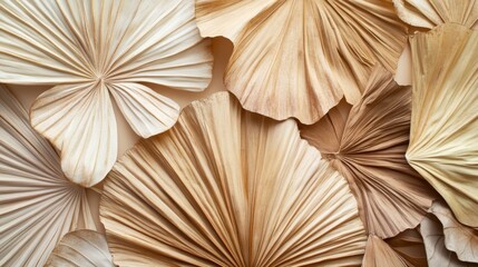 73.A beautifully fanned display of dried palm leaves in varying shades of brown and beige, arranged to highlight their earthy textures and intricate lines. The leavesâ€™ natural patterns add depth,