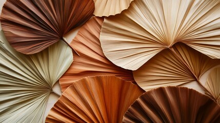 73.A beautifully fanned display of dried palm leaves in varying shades of brown and beige, arranged to highlight their earthy textures and intricate lines. The leavesâ€™ natural patterns add depth,