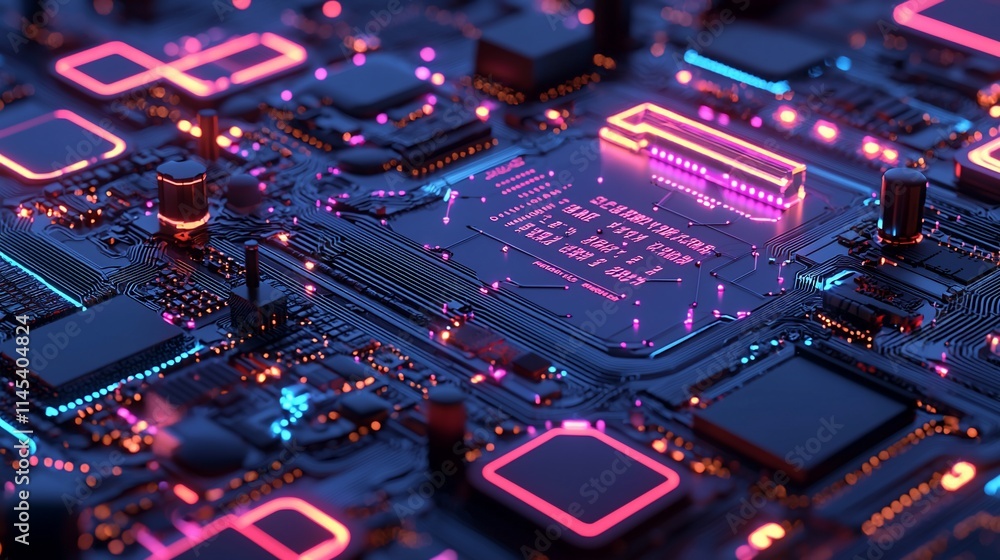 Poster close-up of a futuristic circuit board with glowing neon components.