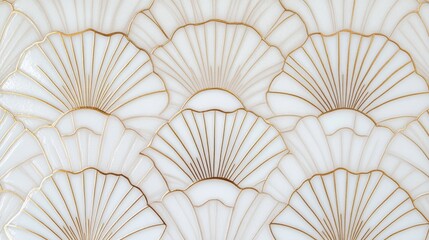 15.Minimalistic geometric art deco pattern in white and gold, with a repeating scalloped design; the seamless arrangement of shell-like shapes is highlighted by fine gold lines, capturing the essence