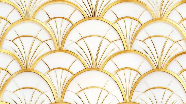 13.White and gold art deco seamless pattern, designed with a soft geometric scale motif; the gold lines create a repeating pattern of shell-like shapes, evoking a sense of classic, minimalist
