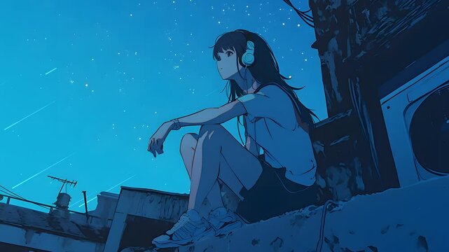 Anime character on a rooftop under a starry night listening to music with lo-fi vibe. Animation loop