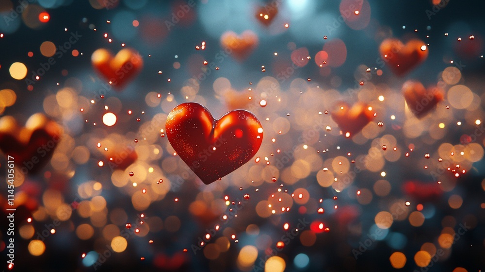 Poster red hearts floating in bokeh lights.