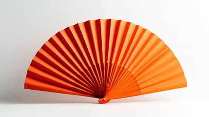 41.Bright orange paper fan isolated against a white background, showcasing a semi-circular shape with pleated folds; the fan has a bold color and textured surface that highlights the simplicity and