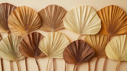 67.Dried palm leaves laid out in a fan-shaped arrangement, with a gradient of soft browns and beiges; the leavesâ€™ textures are emphasized, highlighting the natural lines and subtle curves,