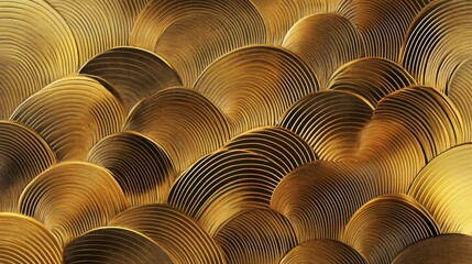 4.Seamless pattern of gold-colored art deco arcs, designed with interlacing and overlapping lines; each arc has a metallic shine, creating a refined, flowing texture that suggests a sense of luxury