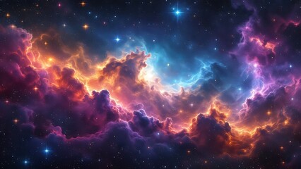 Obraz premium Deep space with colorful nebula clouds, showcasing vibrant cosmic colors and celestial beauty, evoking the mysteries of the universe in a stunning, otherworldly scene.