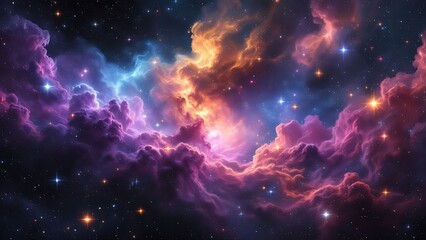 Fototapeta premium Deep space with colorful nebula clouds, showcasing vibrant cosmic colors and celestial beauty, evoking the mysteries of the universe in a stunning, otherworldly scene.