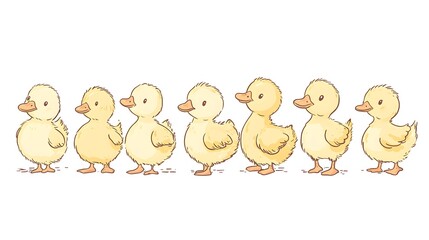 Obraz premium Seven Adorable Yellow Ducklings Standing In A Row