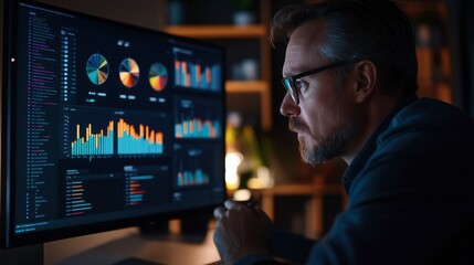 Nightly Data Analysis: A focused businessman scrutinizes complex data charts on a large monitor, illuminated in the dim light of his home office.  A captivating image for articles about data analysis.