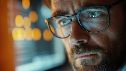 Focused Gaze:  Intense, close-up portrait of a man with a determined look in his eyes. His gaze is fixed on something out of frame, suggesting deep concentration and unwavering focus.